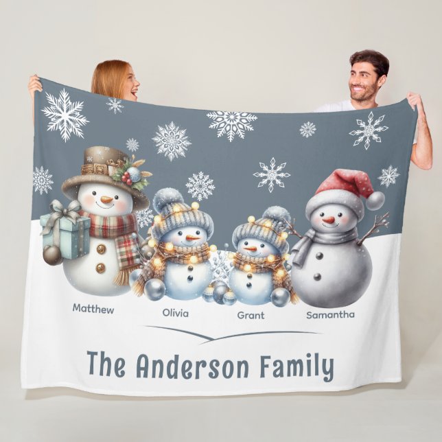 Personalised Family Snowman Holiday Fleece Blanket (In Situ)