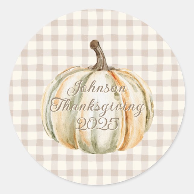 Personalised Family Thanksgiving Neutral Gingham  Classic Round Sticker (Front)