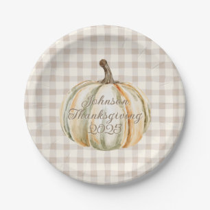 Personalised Family Thanksgiving Neutral Gingham  Paper Plate