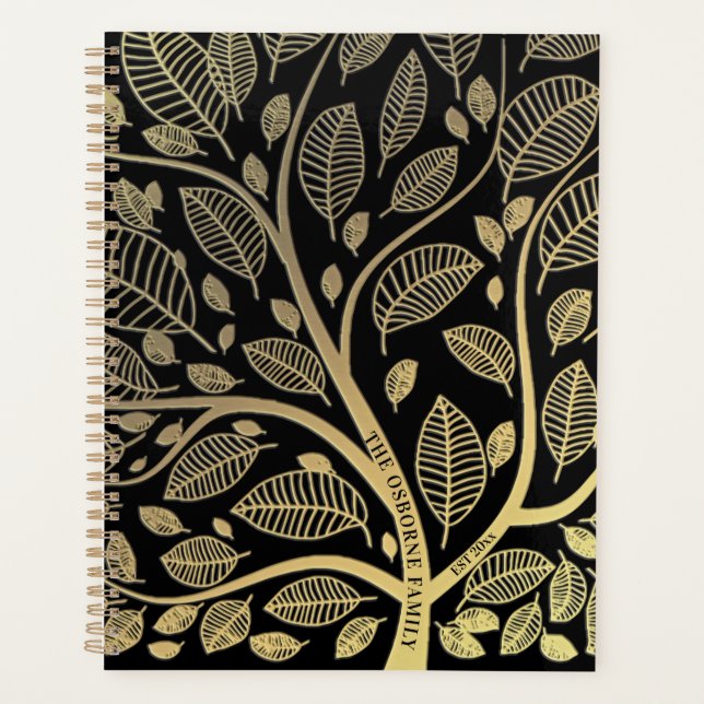 Personalised Family Tree Black Gold Leaves Planner (Front)