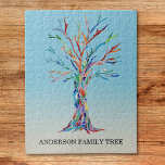 Personalised Family Tree Puzzle<br><div class="desc">Personalised Family Tree Puzzle.
This stylish puzzle is decorated with a rainbow coloured Family Tree design on a blue ombre background.
Customise it with your family name.
The tree was originally made in mosaic using tiny pieces of coloured glass.
Original Mosaic © Michele Davies.</div>
