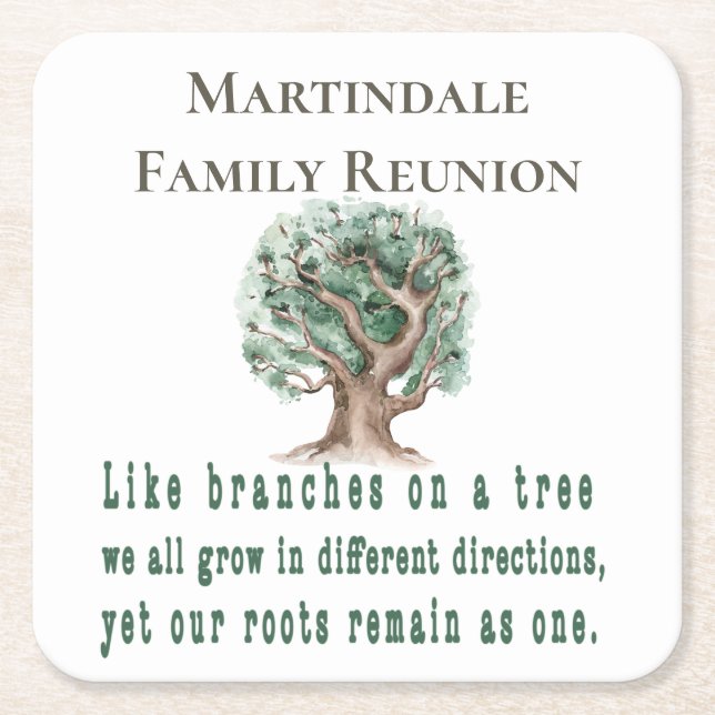 Personalised Family Tree Reunion Square Paper Coaster (Front)
