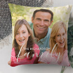 Personalised Family White Script Overlay 2 Photo Cushion<br><div class="desc">Personalised family photo pillow with elegant text overlay. The photo template is set up for you to add your own pictures - one of the front and one on the back. The front also has the text overlay which you can personalise with your family name. Family is hand lettered in...</div>