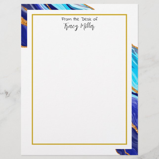 Personalised Fancy Blue and Gold Marble  Custom Letterhead (Front)