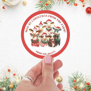 Personalised Farm Theme Festive Cows Christmas Classic Round Sticker