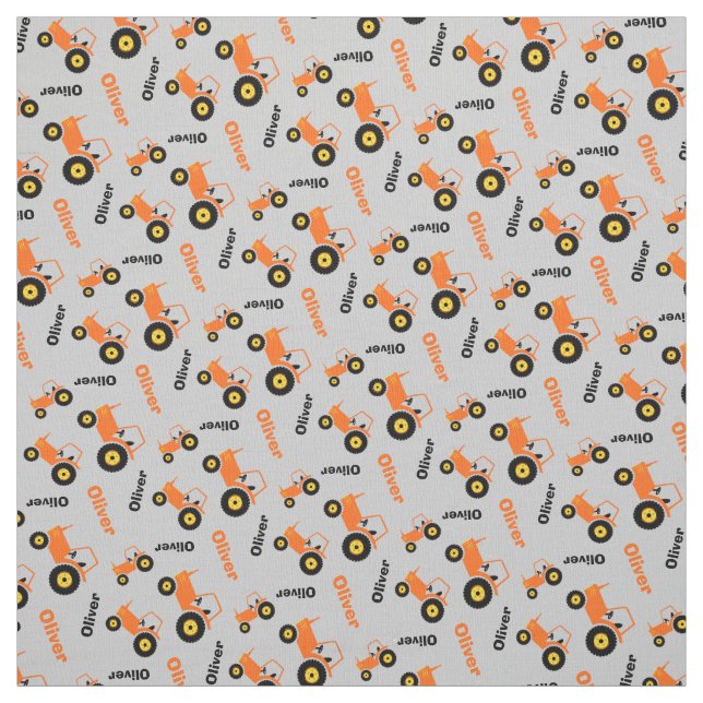 Personalised farm tractor name orange grey fabric (Swatch)