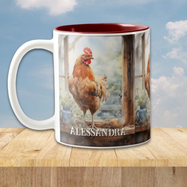 Personalised Farmhouse Chicken on Window Sill Two-Tone Coffee Mug (Rustic Farm Chicken standing by a window Personalized Mug, farmhouse country kitchen)