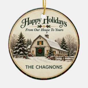 Personalised Farmhouse Christmas Barn Ceramic Orna Tree Decoration