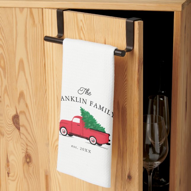 Personalised Farmhouse Holiday Red Vintage Truck Tea Towel (Thirds Fold)