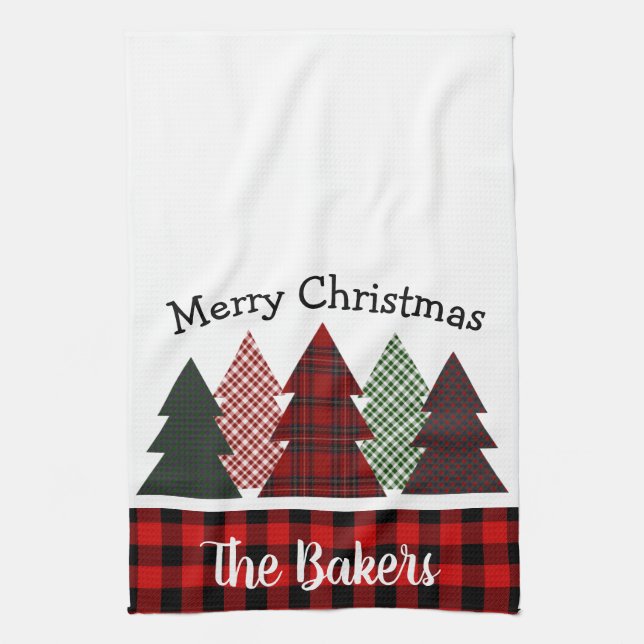 Personalised Farmhouse Plaid Christmas Tree Tea Towel (Vertical)