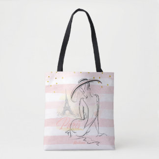 Personalised Fashion Girl Paris Pink Sketch Tote Bag