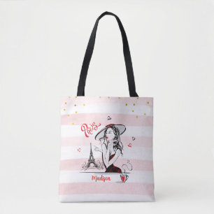 Personalised Fashion Girl Paris Pink Sketch Tote Bag