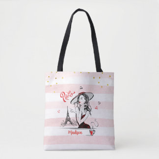Personalised Fashion Girl Paris Pink Sketch Tote Bag