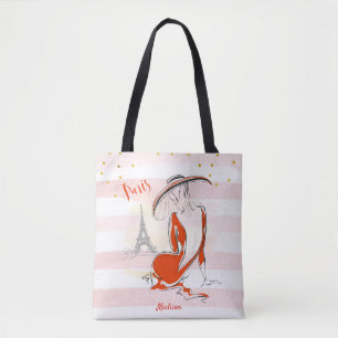 Personalised Fashion Girl Pink Paris Sketch  Tote Bag