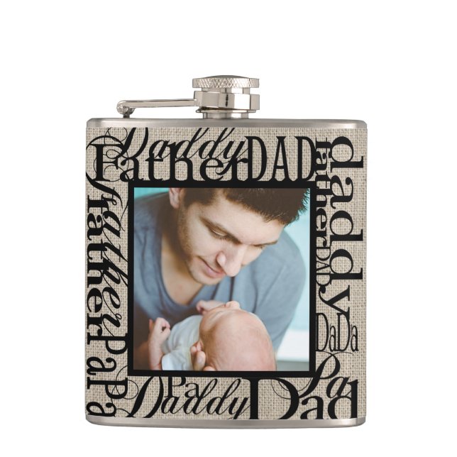 Personalised Father's Day Word Collage Burlap Hip Flask (Front)