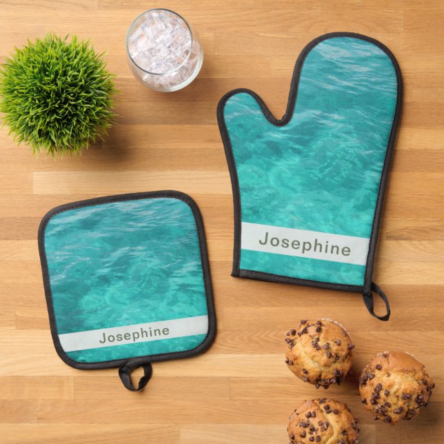 Personalised Faux Blue Water Oven Mitt & Pot Holder Set (Top Down)