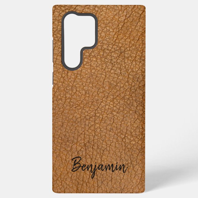 Personalised Faux Brown Leather with Name Samsung Galaxy S22 Ultra Case (Back)