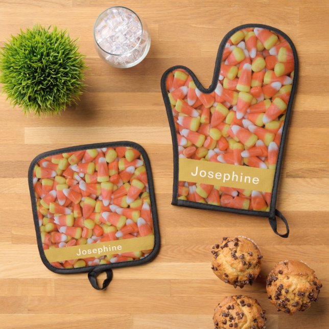 Personalised Faux Candy Corn Pattern Oven Mitt & Pot Holder Set (Top Down)