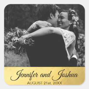 Personalised Faux Gold Foil Black Wedding PHOTO Square Sticker