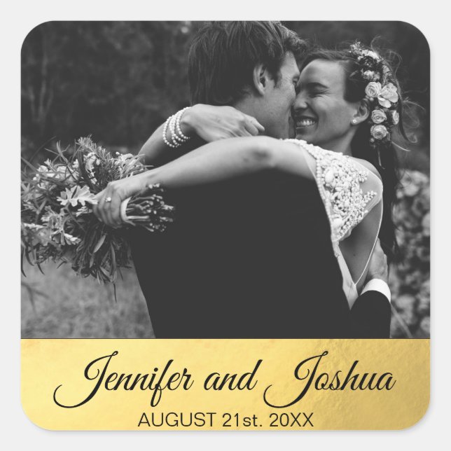 Personalised Faux Gold Foil Black Wedding | PHOTO Square Sticker (Front)