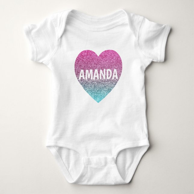 Personalised Faux Heart Glitter Pink Baby Girl Bodysuit (Front)