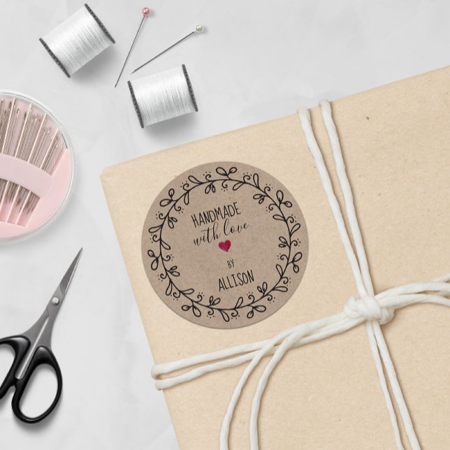 Personalised Faux Kraft Craft Handmade With Love Classic Round Sticker (Creator Uploaded)