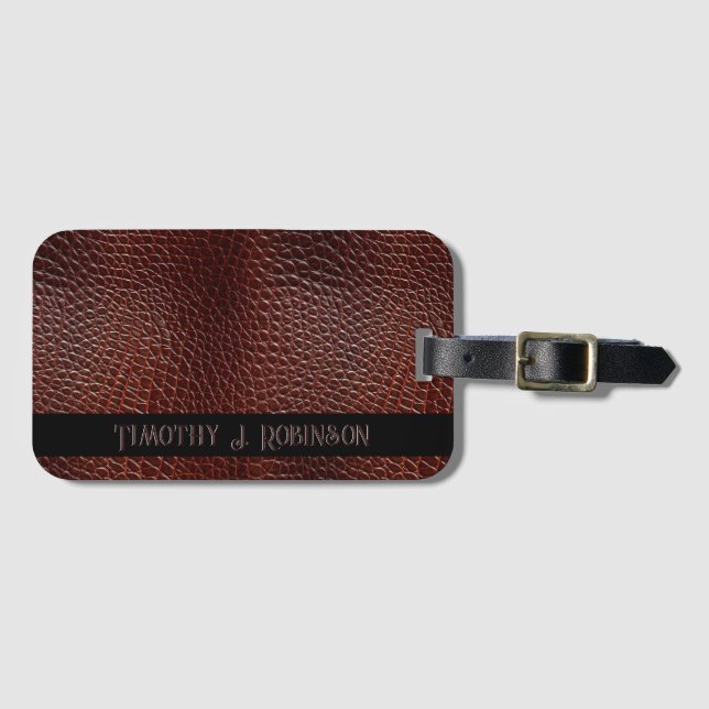 Personalised Faux Leather Brown Embossed Luggage Tag (Front Horizontal)