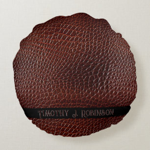 Personalised Faux Leather Brown Embossed Round Cushion