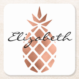 Personalised Faux Rose Gold Foil Pineapple Square Paper Coaster