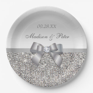 Personalised Faux Silver Sequins Bow Wedding Paper Plate