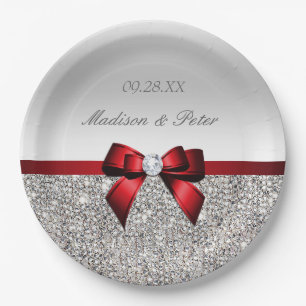 Personalised Faux Silver Sequins Red Bow Wedding Paper Plate