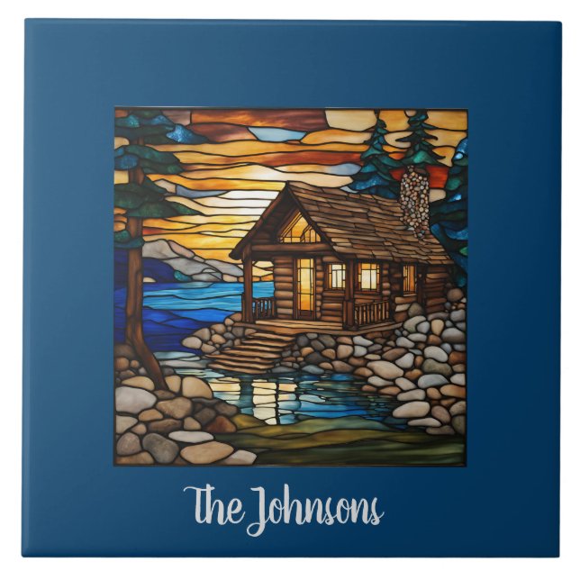 Personalised Faux Stained Glass Cabin Landscape Tile (Front)