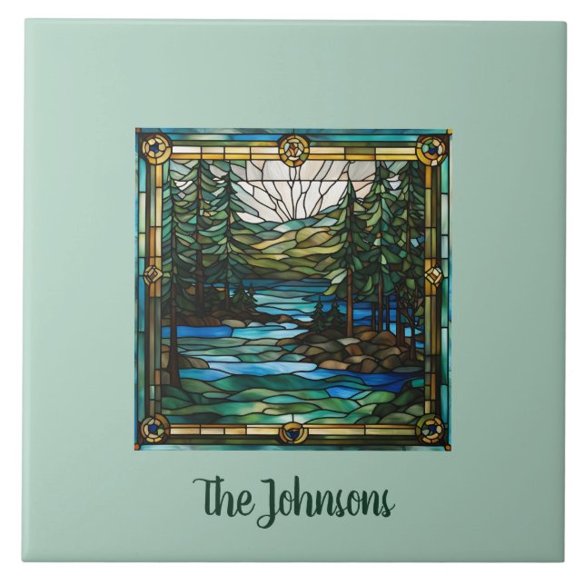 Personalised Faux Stained Glass Canoe Landscape Tile (Front)