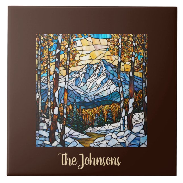 Personalised Faux Stained Glass Mountain Landscape Tile (Front)