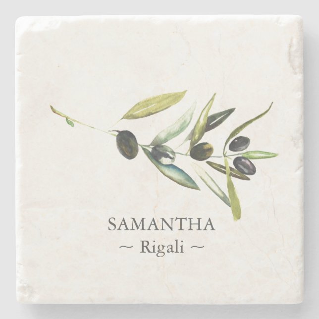Personalised Favours Watercolor Olive Branch Stone Coaster (Front)
