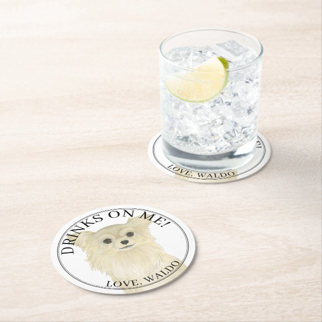 Personalised Fawn Long Haired Chihuahua Wedding Round Paper Coaster (Insitu)