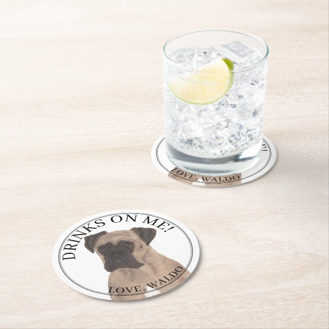 Personalised Fawn Masked Boxer Dog Wedding Round Paper Coaster (Insitu)