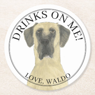 Personalised Fawn Masked Great Dane Wedding  Round Paper Coaster