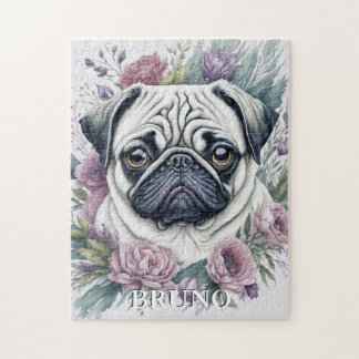 Personalised Fawn Pug Watercolor Floral Jigsaw Puzzle