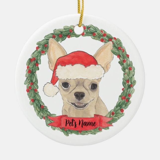 Personalised Fawn Tan Cream Chihuahua Ceramic Tree Decoration (Front)