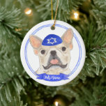 Personalised Fawn Tan Frenchie Dog Hanukkah Ceramic Tree Decoration<br><div class="desc">Celebrate your favourite mensch on a bench with a personalised ornament! This design features a sweet illustration of an entlebucher mountain dog with a blue and white yarmulke. For the most thoughtful gifts, pair it with another item from my collection! To see more work and learn about this artist, visit...</div>
