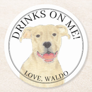Personalised Fawn Tan Pitbull Staffy Dog Wedding Round Paper Coaster