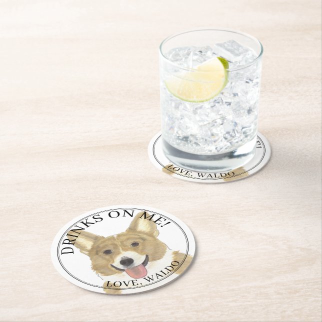 Personalised Fawn & White Corgi Dog Wedding Round Paper Coaster (Insitu)