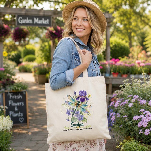 Personalised February Birth Flower Iris Dragonfly Tote Bag (Creator Uploaded)
