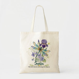 Personalised February Birth Flower Iris Dragonfly Tote Bag
