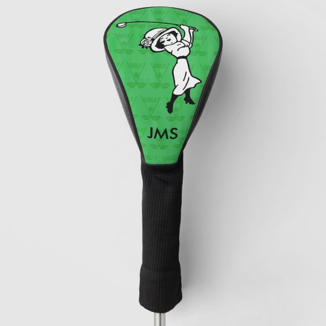 Personalised female golf cartoon golfer golf head cover (Front)