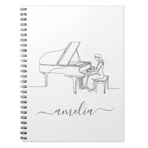 Personalised Female Piano Player Line Drawing Notebook