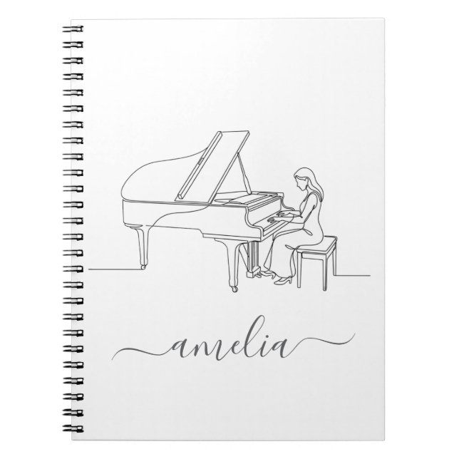Personalised Female Piano Player Line Drawing      Notebook (Front)