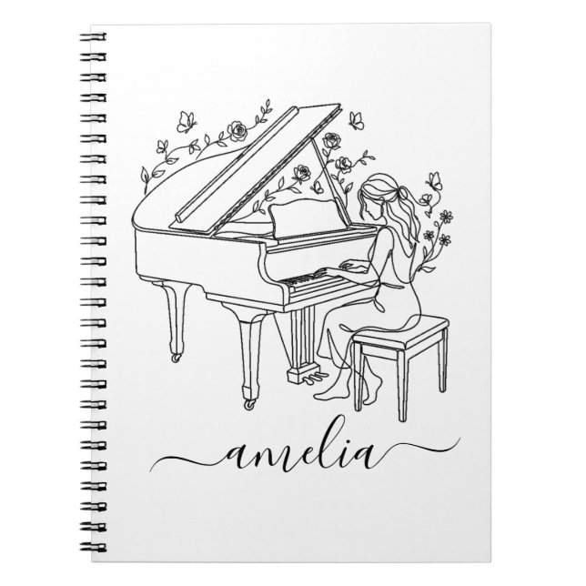 Personalised Female Piano Player Line Drawing      Notebook (Front)