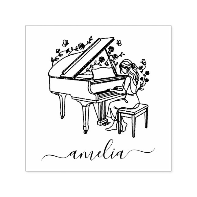 Personalised Female Piano Player Line Drawing      Self-inking Stamp (Design)